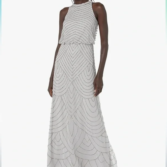 Adrianna Papell Art Deco Beaded Blouson Dress With Halter Neckline, Bridal Silver, Size: 12